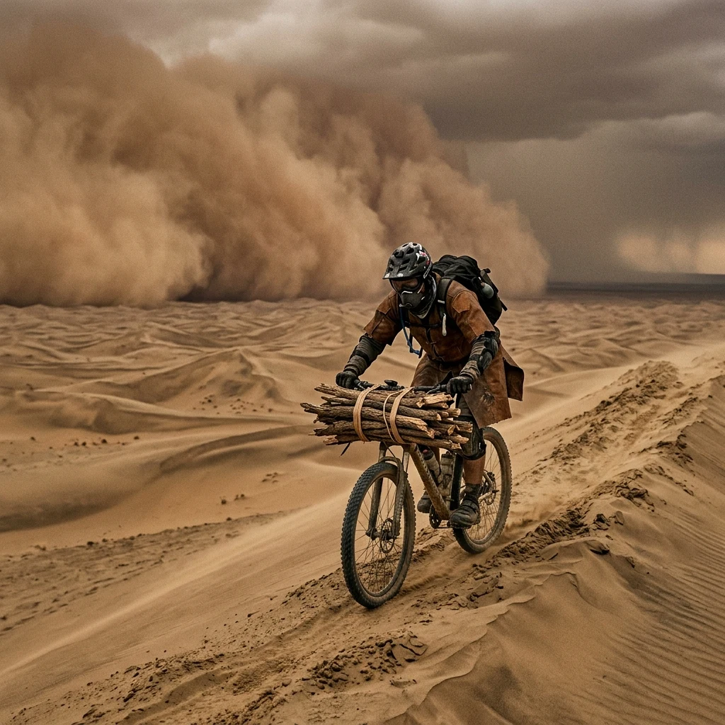 A mountain biker wearing a patched leather tunic and dust mask