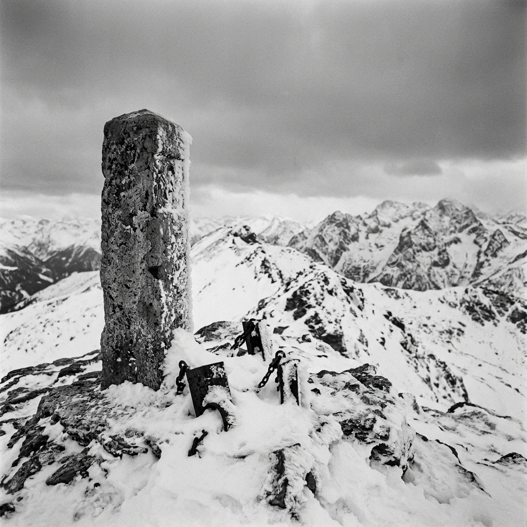 Snowy border post on a mountain ridge