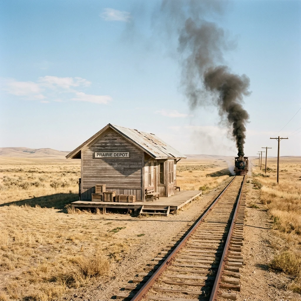 A lonely western train depot on a dusty prairie line