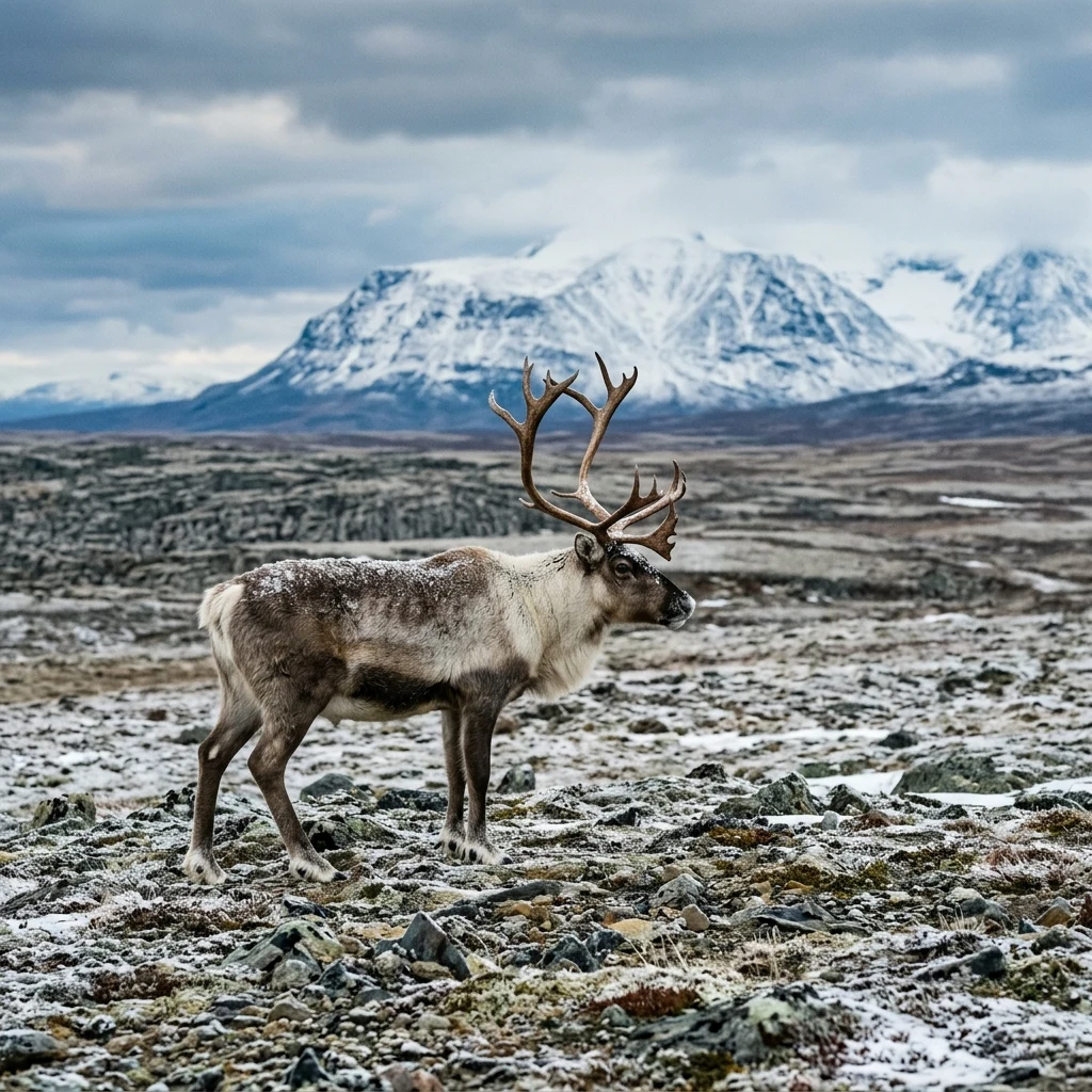 Reindeer standing on a snowy arctic tundra