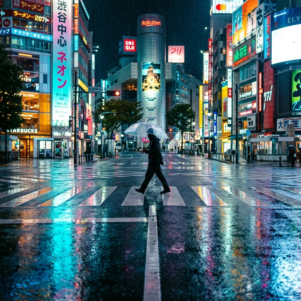 Person with umbrella in a rainy city