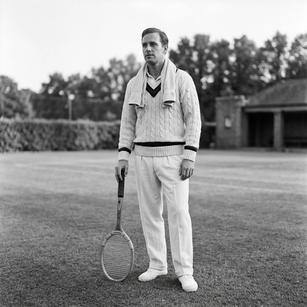 A 1930s tennis player in a heavy cable-knit v-neck sweater