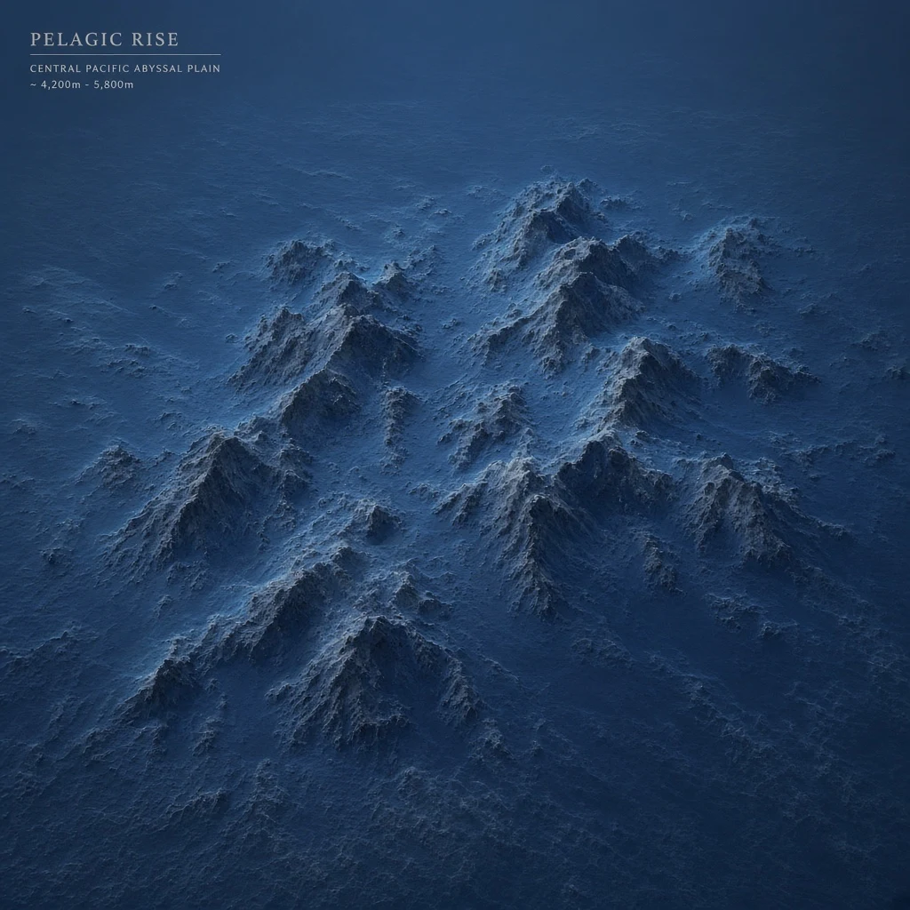 A 3D bathymetric map render of the vast Pelagic Rise stretching across the central…
