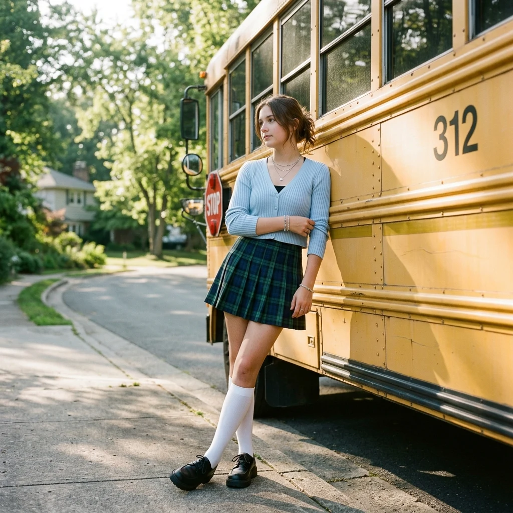 Student leaning against a yellow school bus