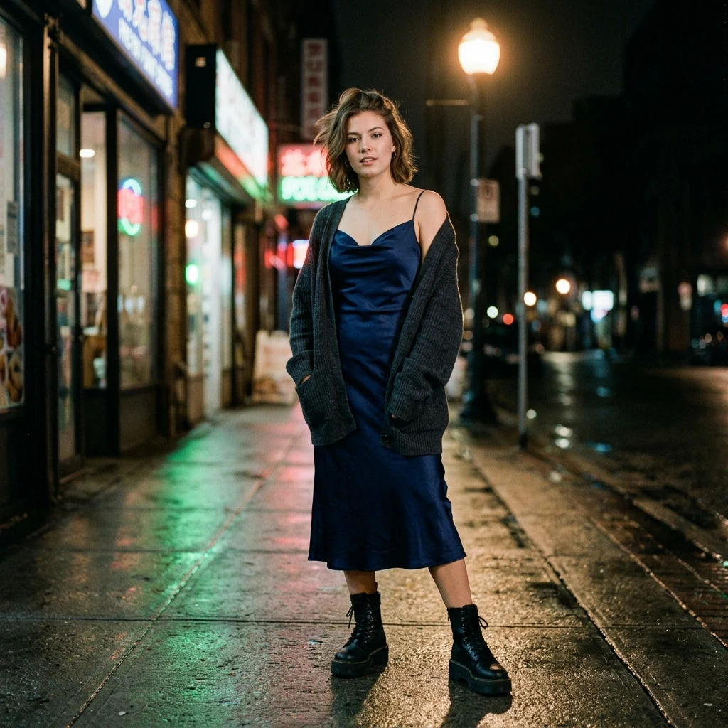 Nighttime street scene with neon lights