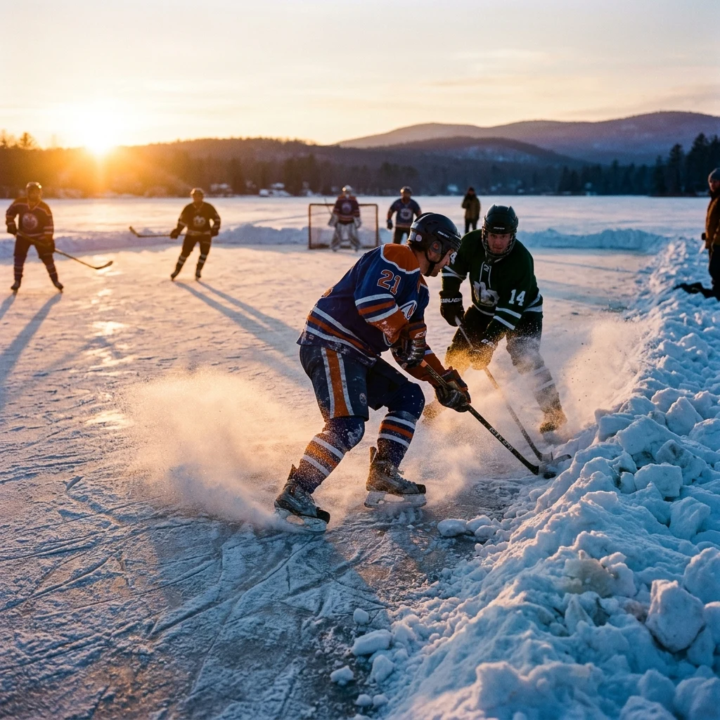 Pond hockey game at sunset
