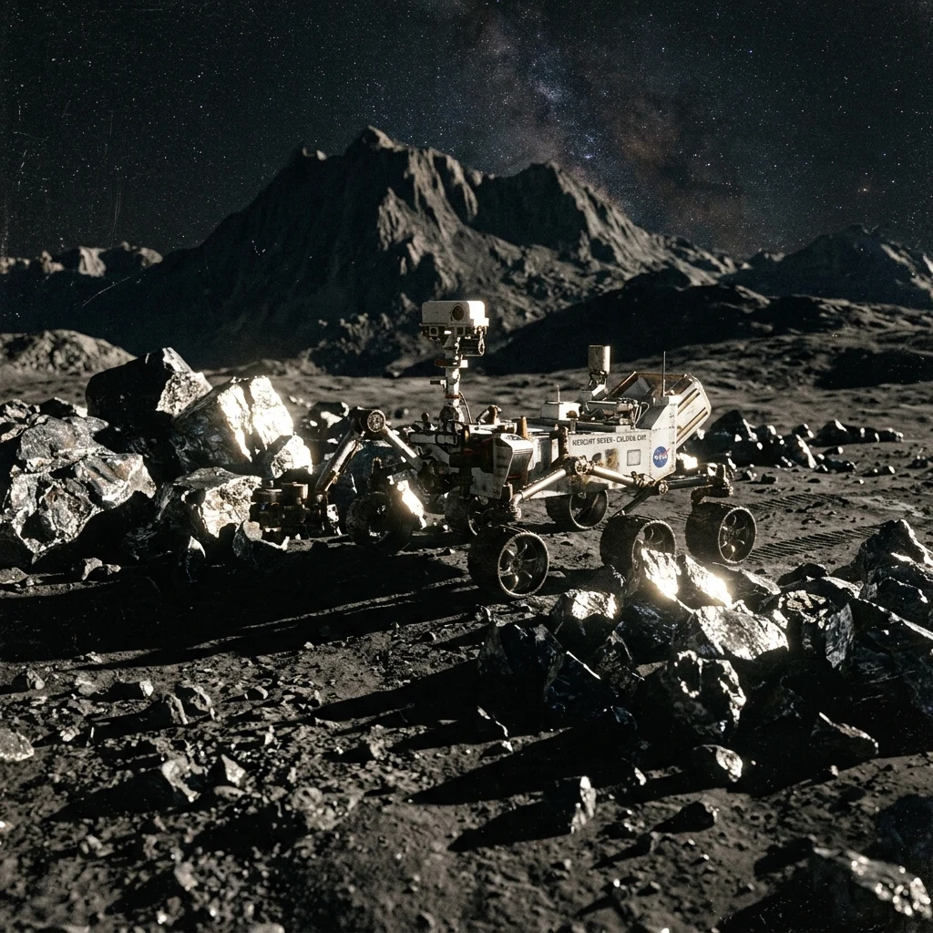 Robotic rover exploring the rocky surface of Mercury