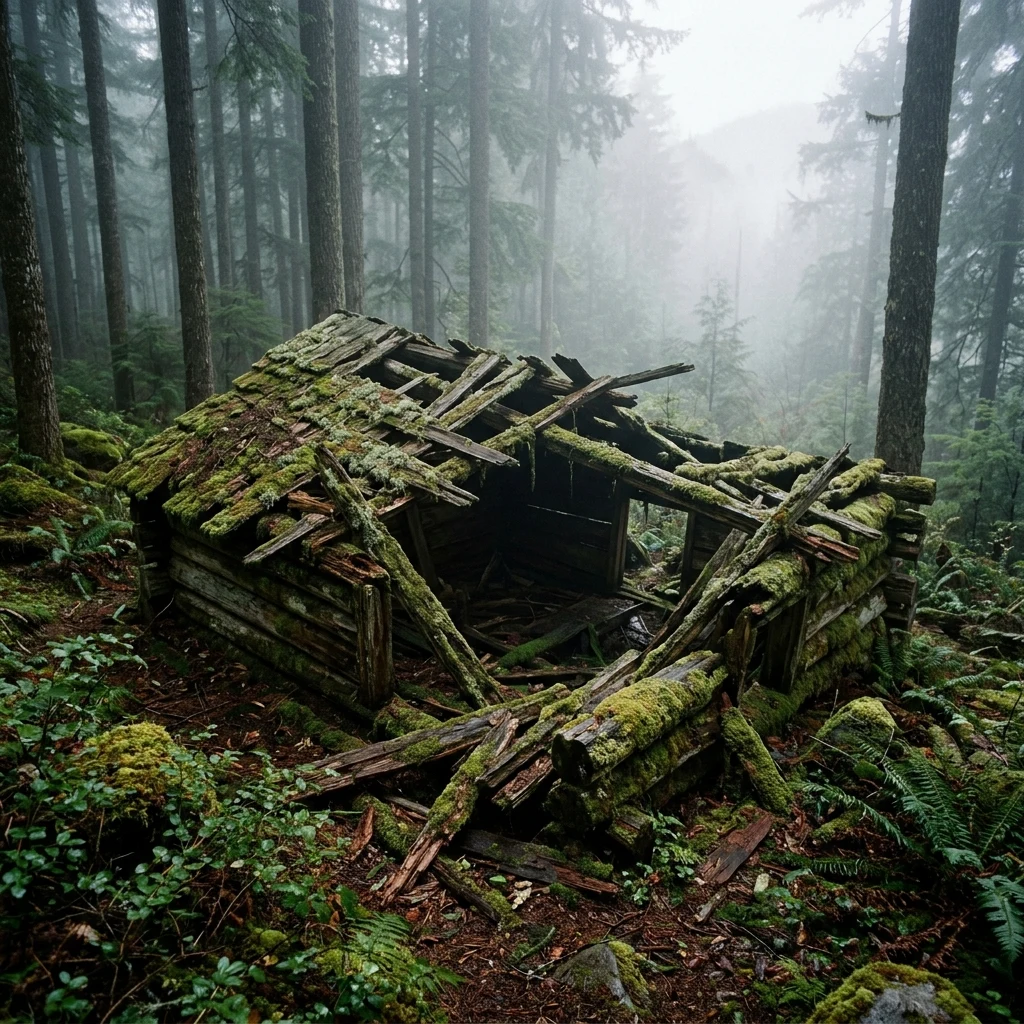A collapsed log cabin in the Appalachian mountains