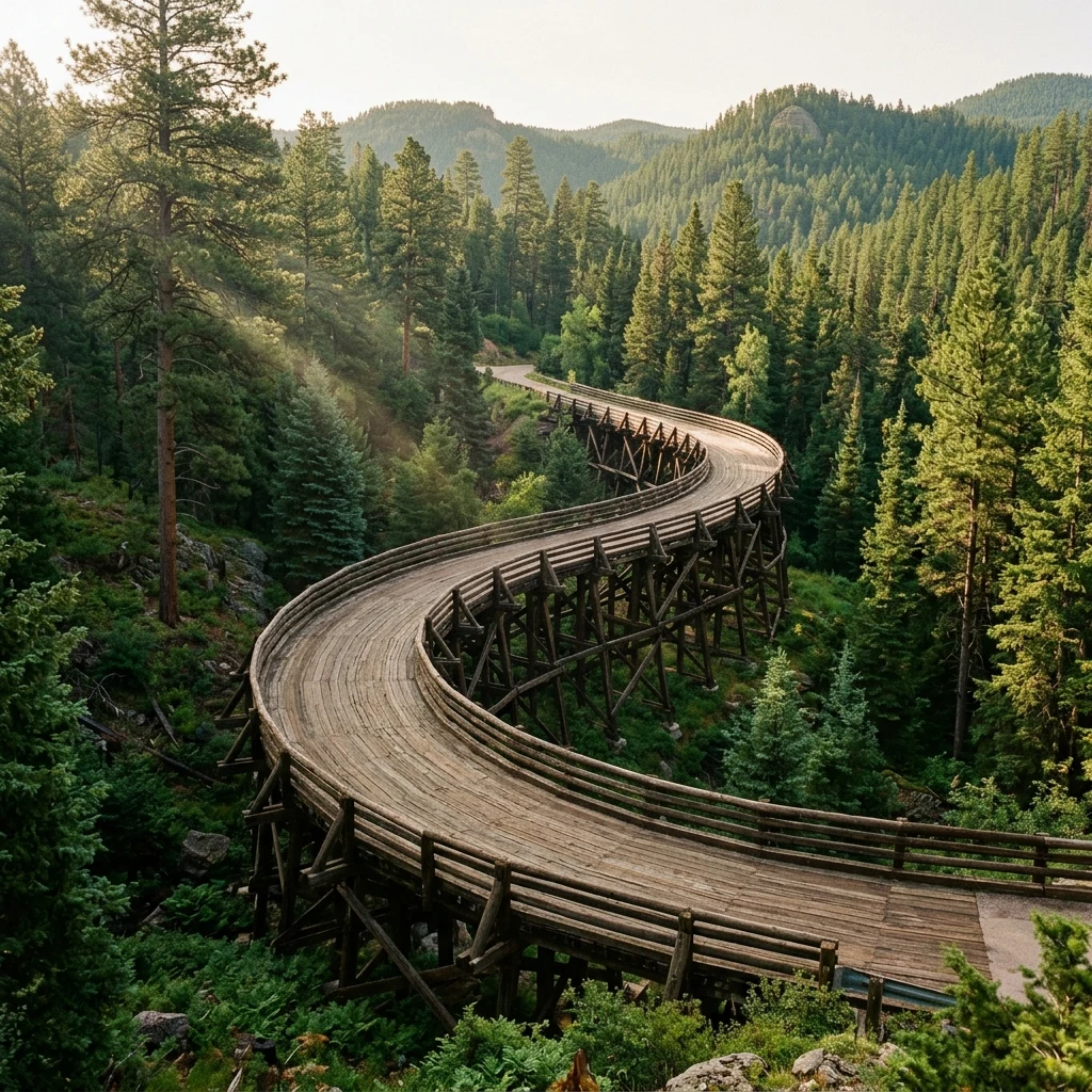 Wooden bridge curving through a pine forest