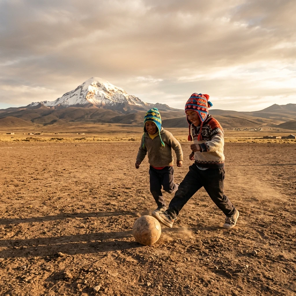 Two indigenous Bolivian boys in hand-knit chullo hats kicking a worn soccer ball across a…