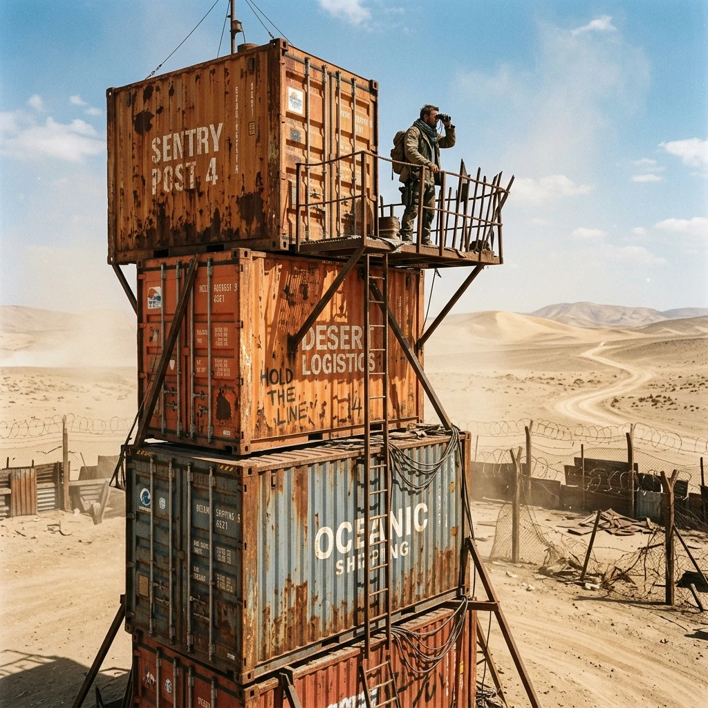 A sentry tower fashioned from three stacked
