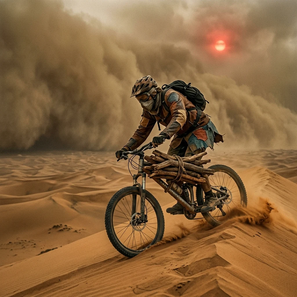 Cyclist riding through a desert dust storm