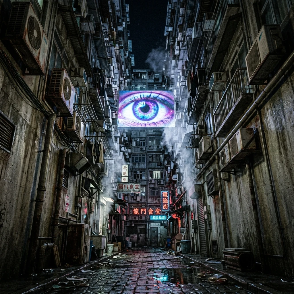 Narrow city alleyway with neon lights