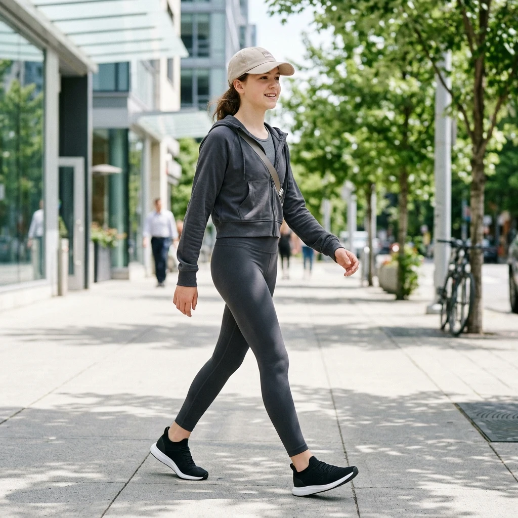 Casual morning walk on a city sidewalk