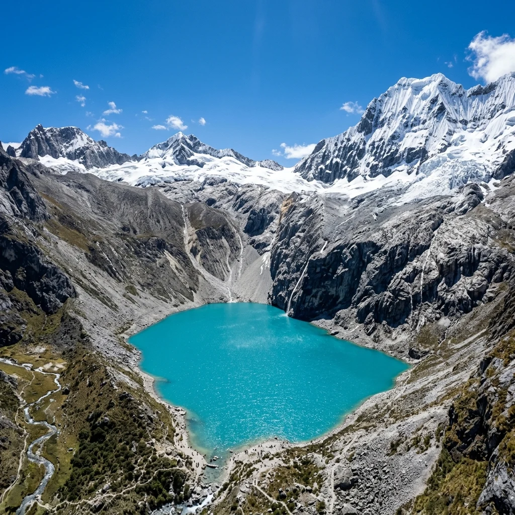 Turquoise glacial lake surrounded by granite cliffs