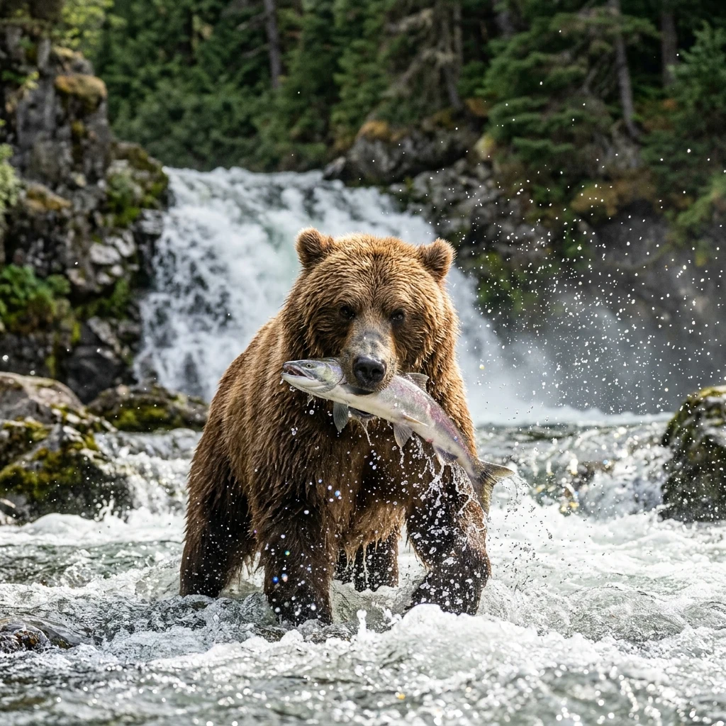 Grizzly bear catching fish in a waterfall