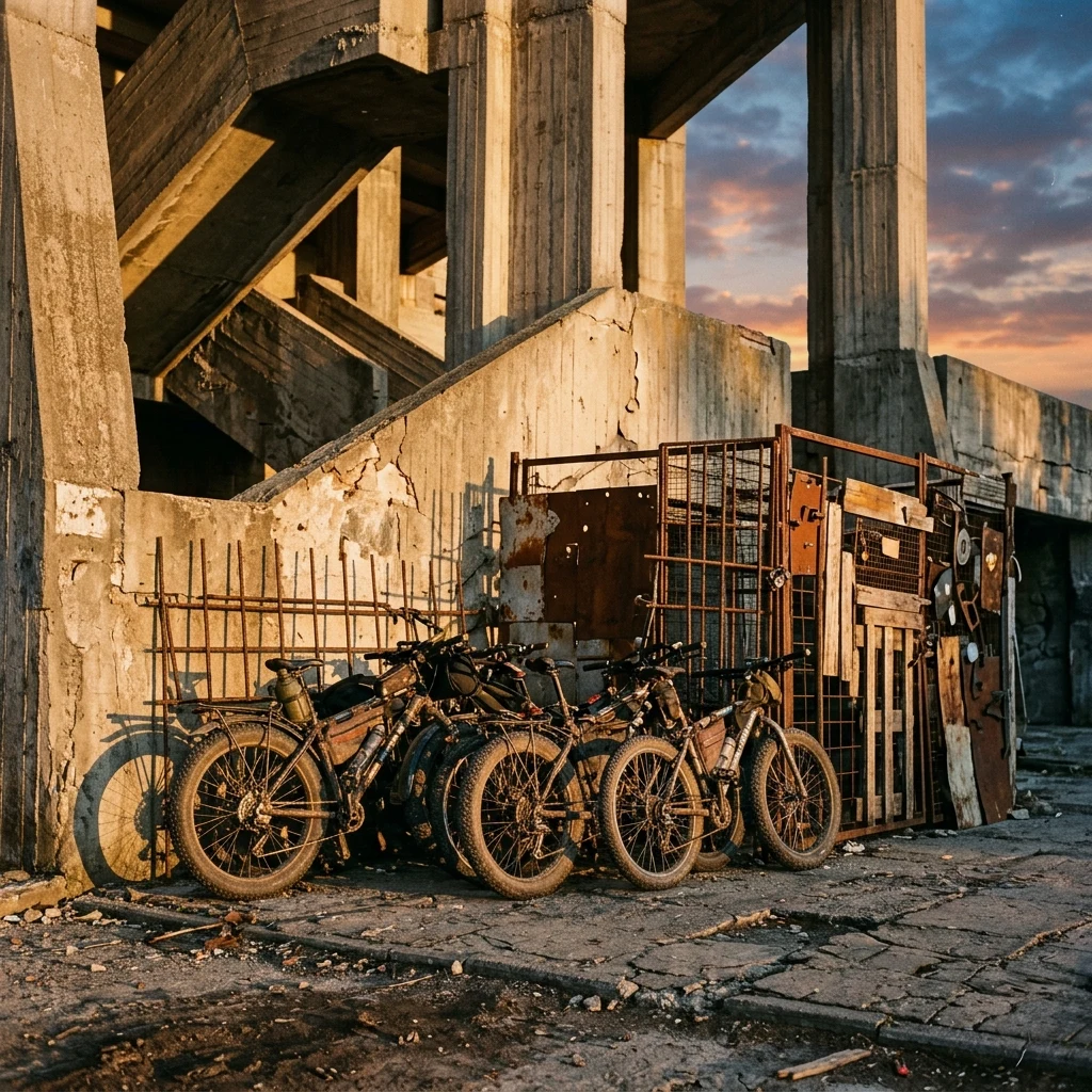 Mountain bikes parked by a concrete wall