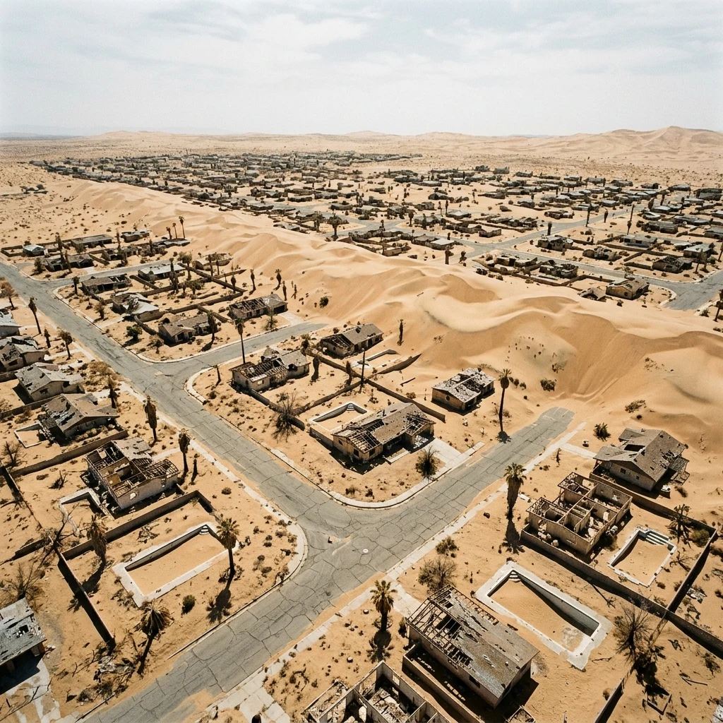 An abandoned desert suburb photographed from a drone at noon