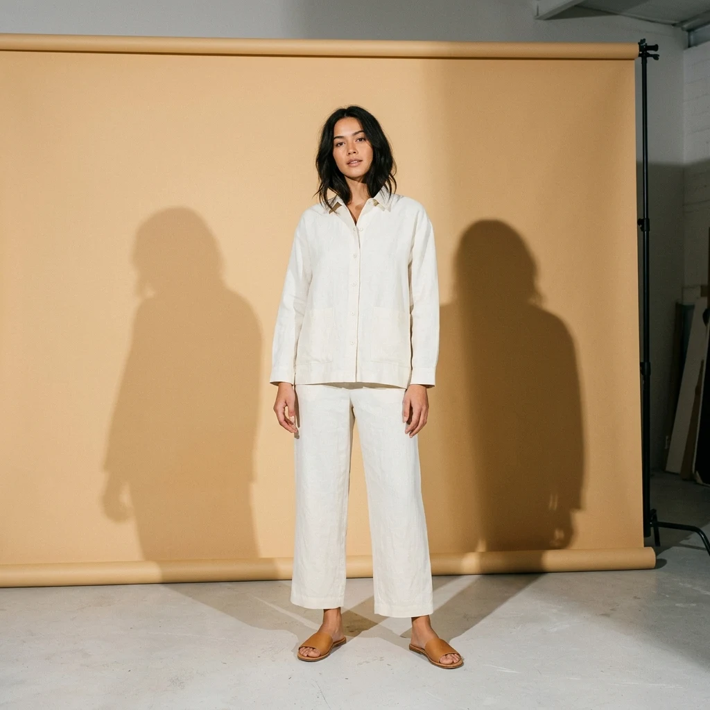 Model in a linen suit in a studio