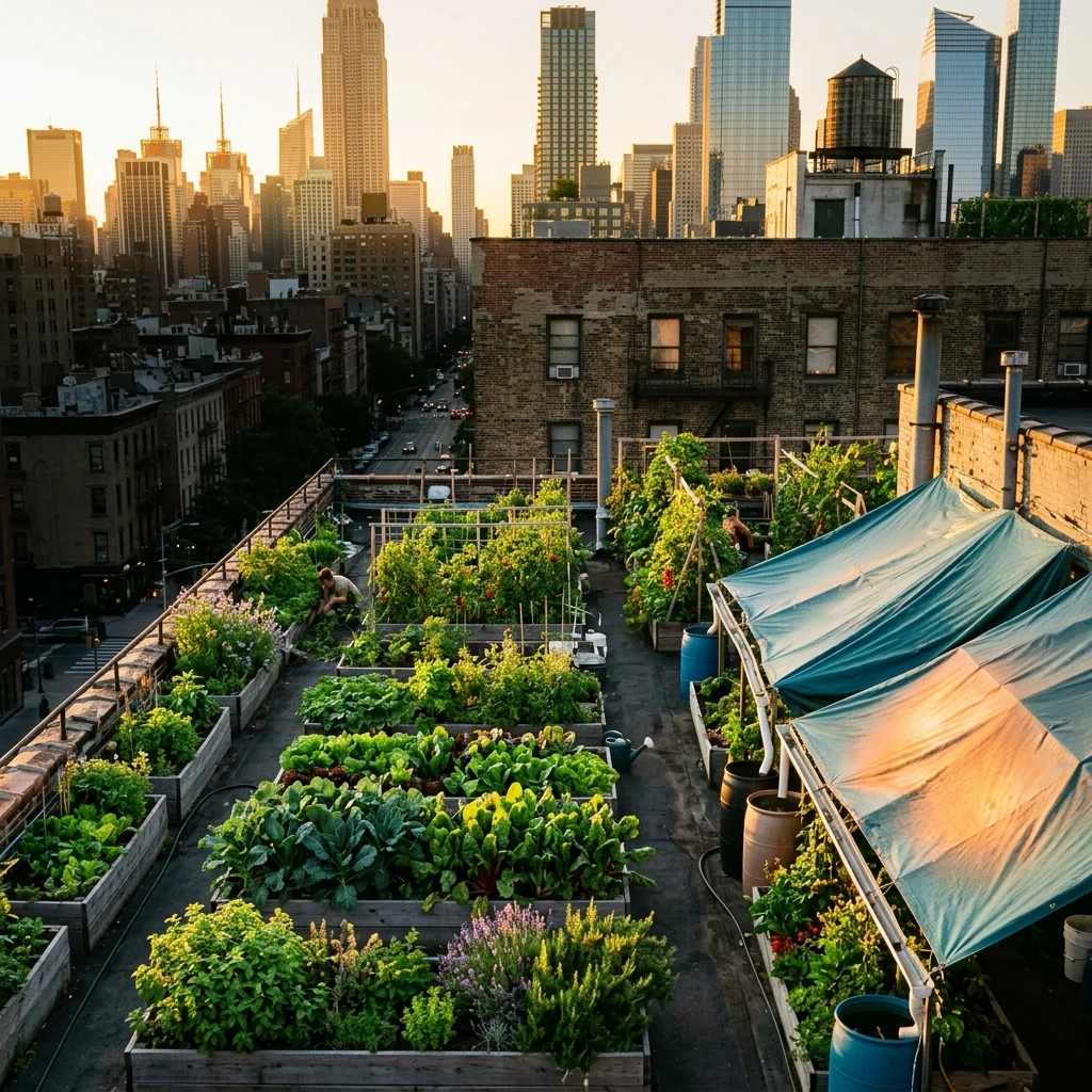 A rooftop farm on an apartment block with rainwater catchment tarps