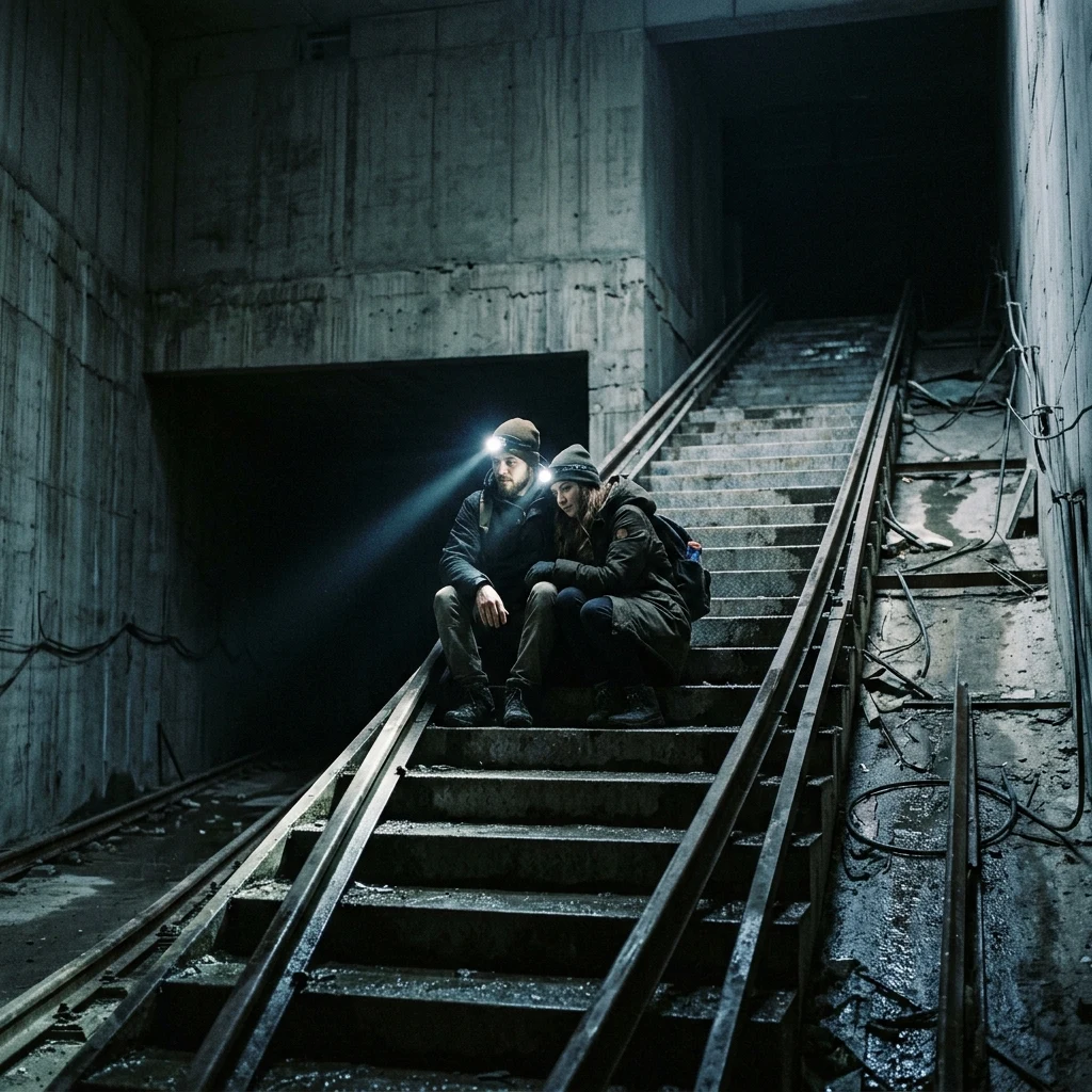 A young couple sitting on a stalled escalator inside an unfinished Metro station in…