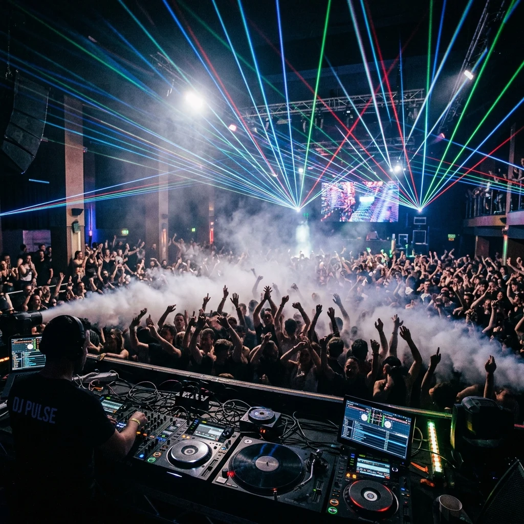 A nightclub photographed from behind the DJ booth on a wide lens
