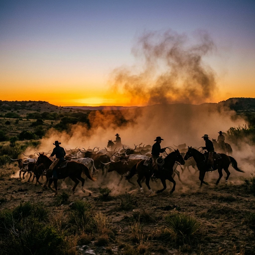 Cowboys herding cattle at sunrise