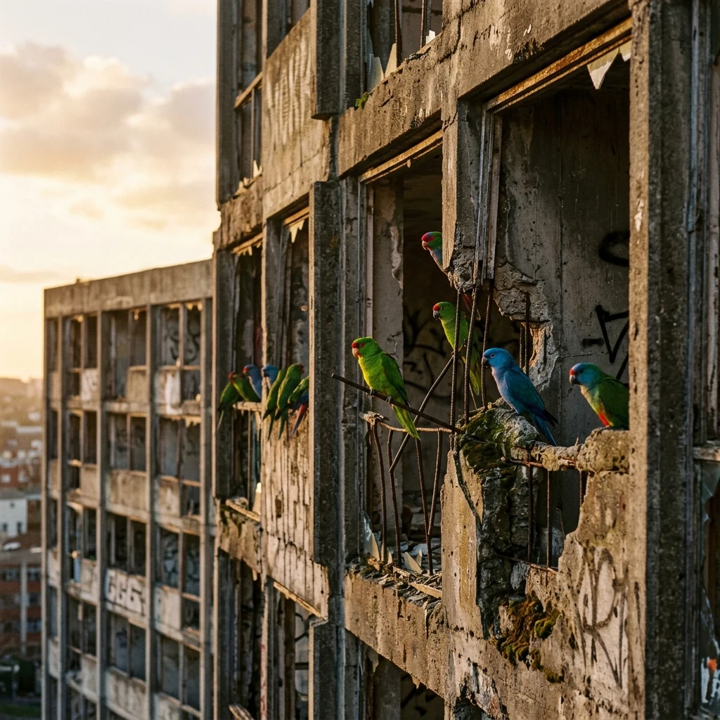 Colorful parrots nesting in a crumbling building
