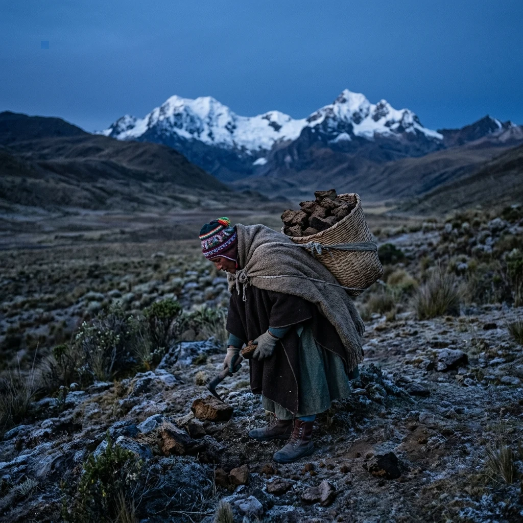 A woman gathering dried peat fuel on a windswept paramo at blue hour