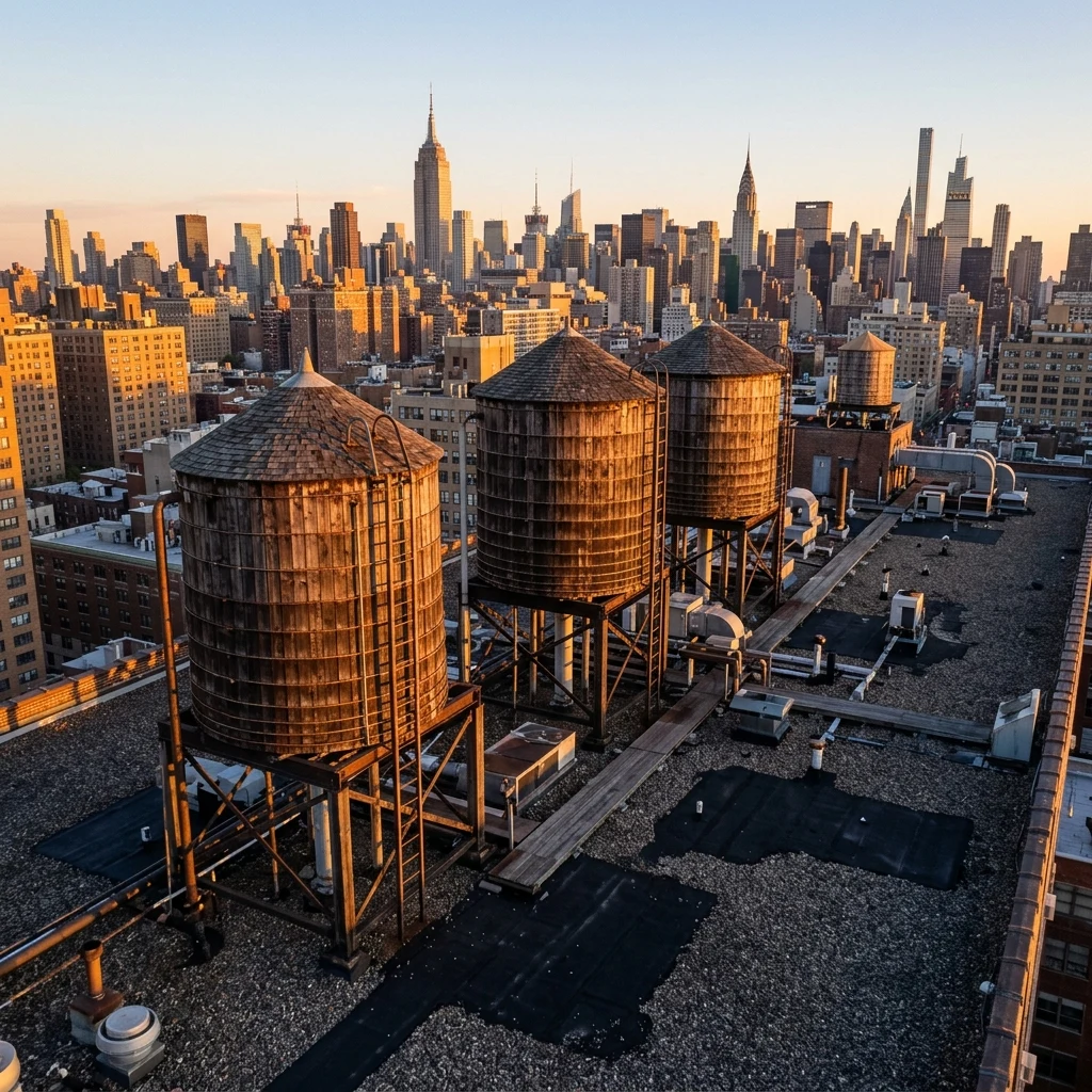 A drone photograph of Manhattan rooftop water towers at sunrise