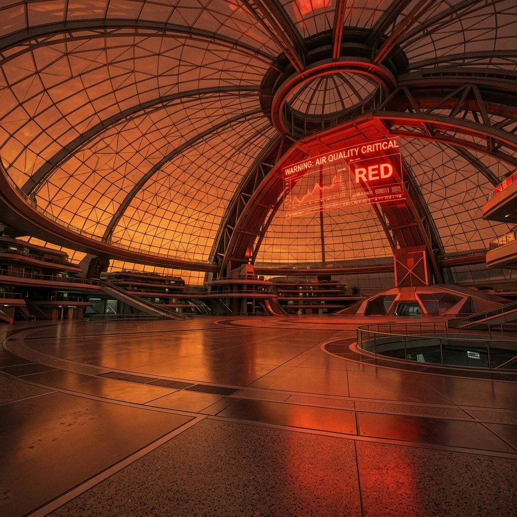 The interior of a sealed dome habitat at simulated sunset