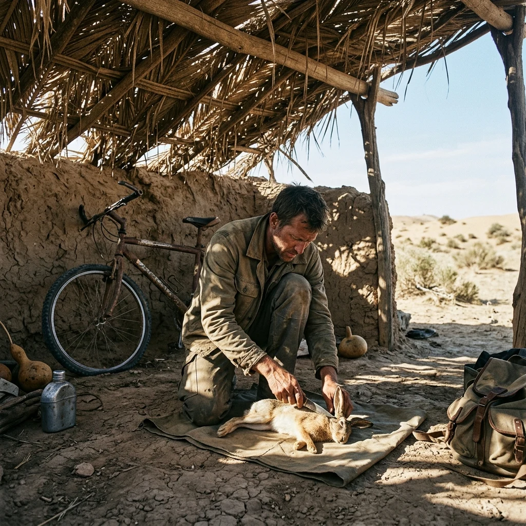 A desert scavenger butchering a small desert hare beside a mountain bike with flat tires