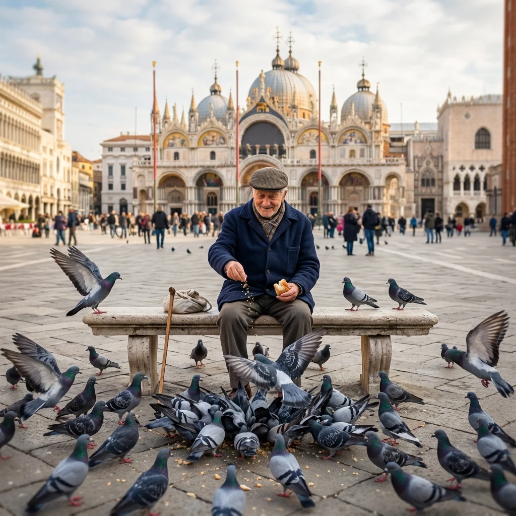 An elderly man feeding pigeons on a plaza bench