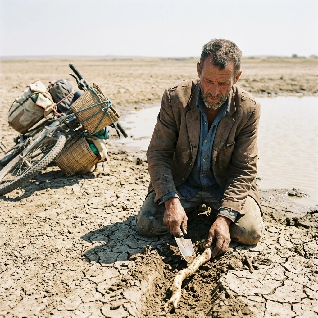 A subsistence scavenger foraging for edible roots near a shrinking oasis pond