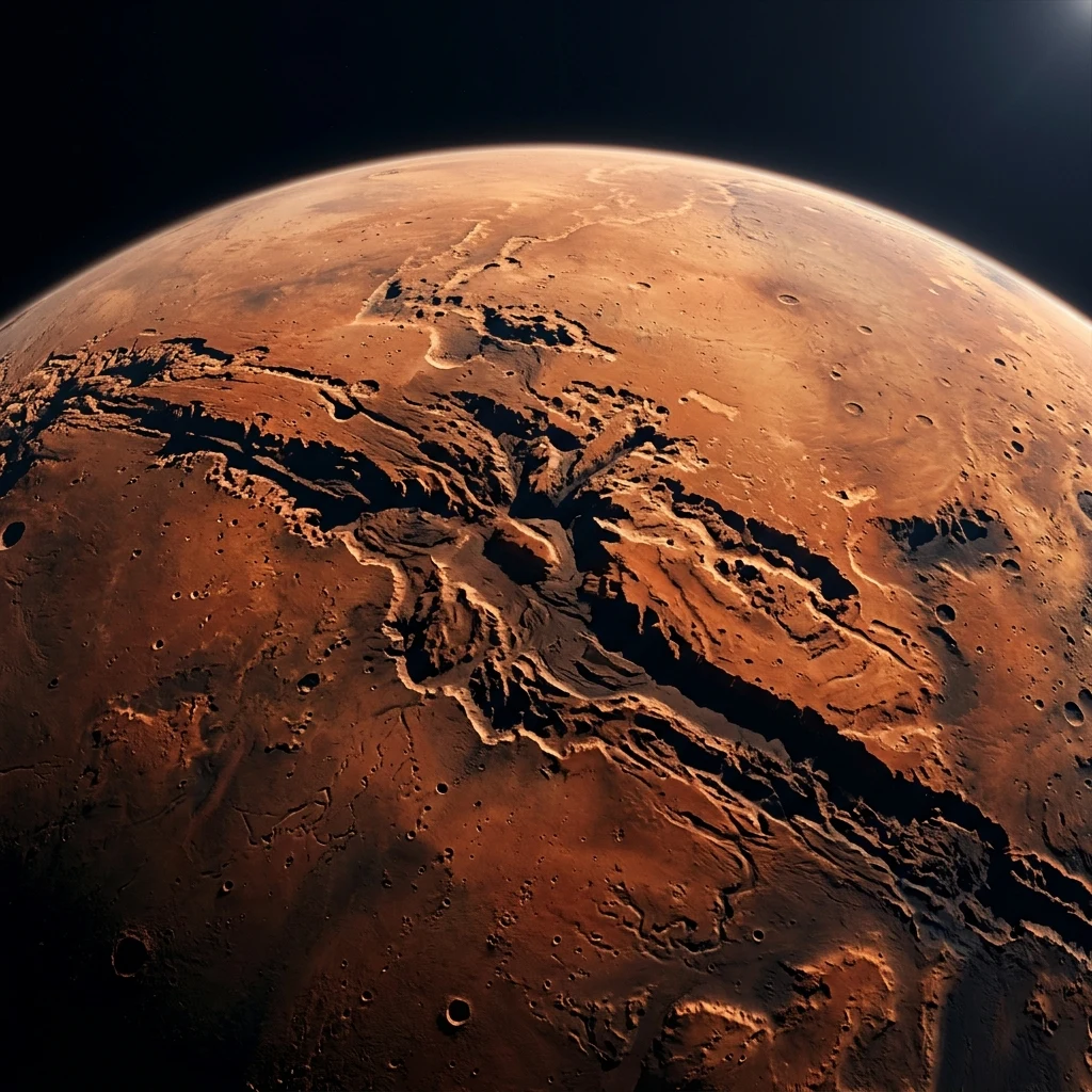 A low-orbit camera pass looking down a winding canyon system cutting through the rounded…