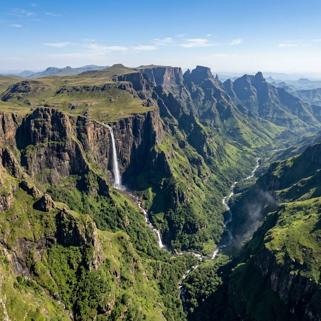 An aerial view of the basalt amphitheater cliffs of the Tugela Falls in the Drakensberg