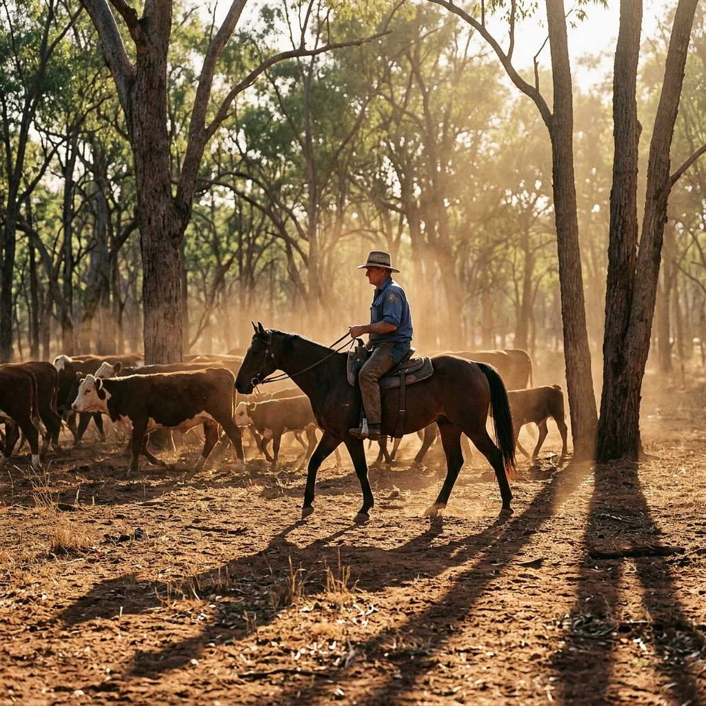 Stockman riding through a dusty forest