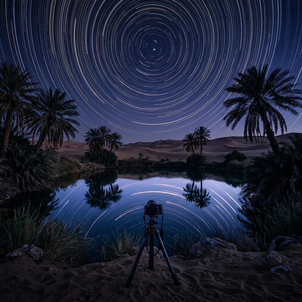 A midnight long exposure of a desert oasis under a clear sky