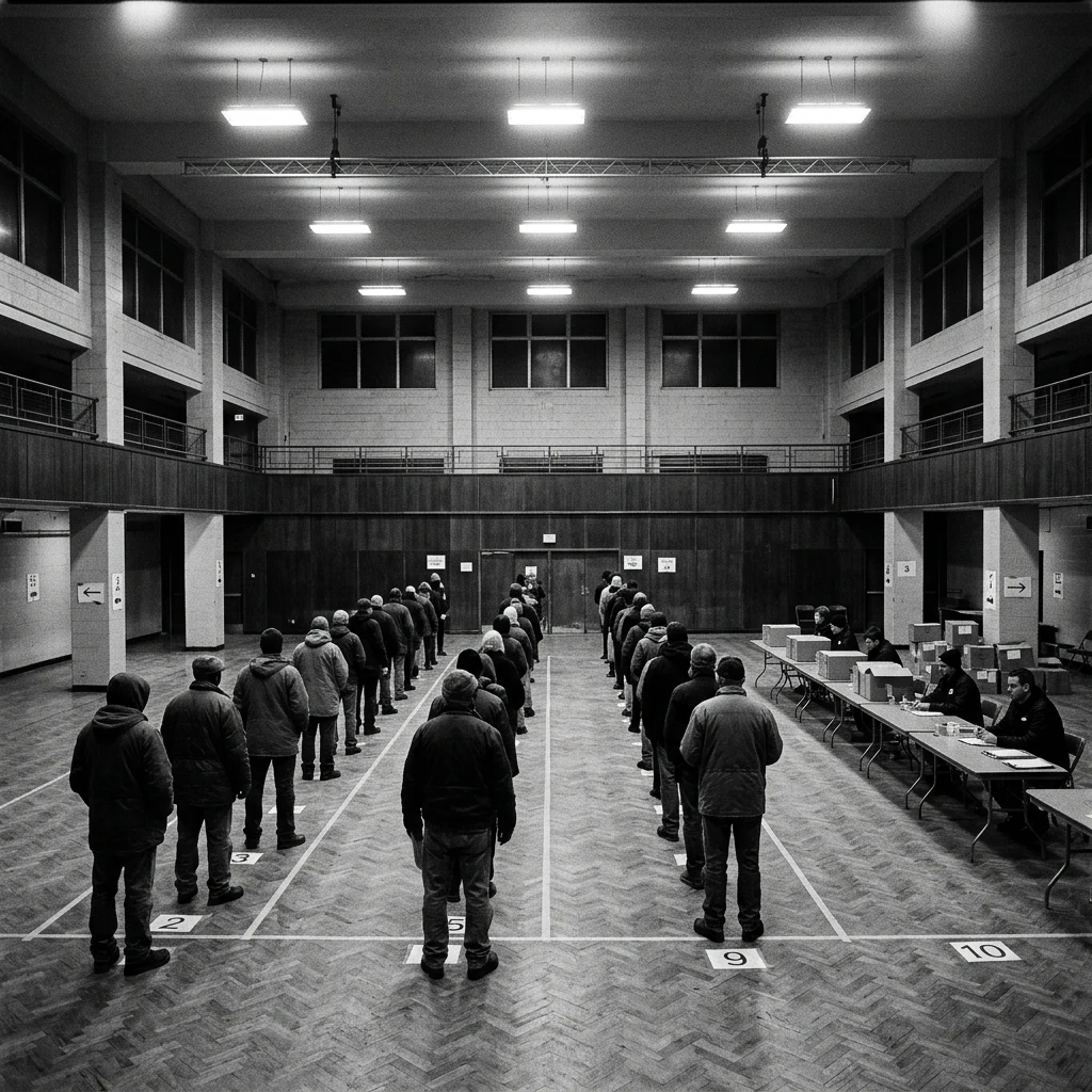 A ration distribution hall in a repurposed civic auditorium