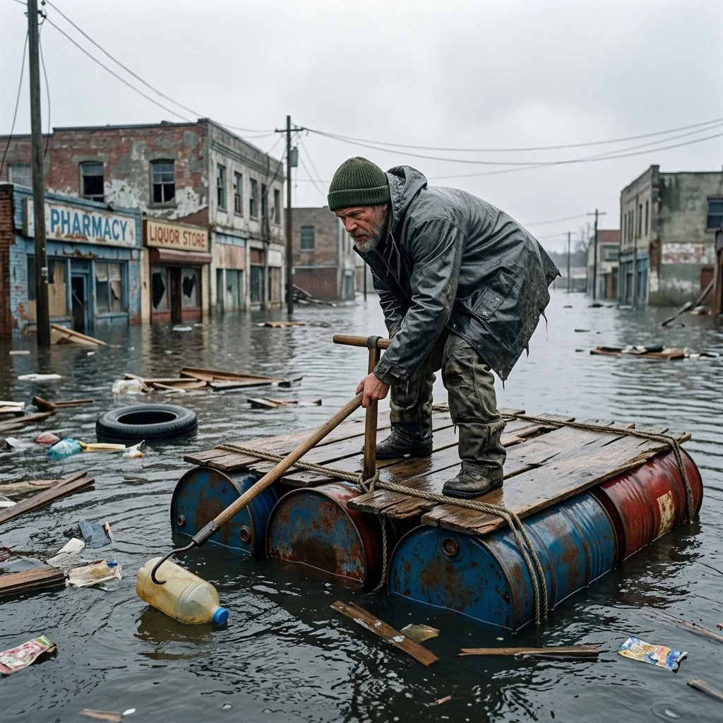 A waterborne scavenger steering a motor-driven raft made of lashed oil drums and plywood…