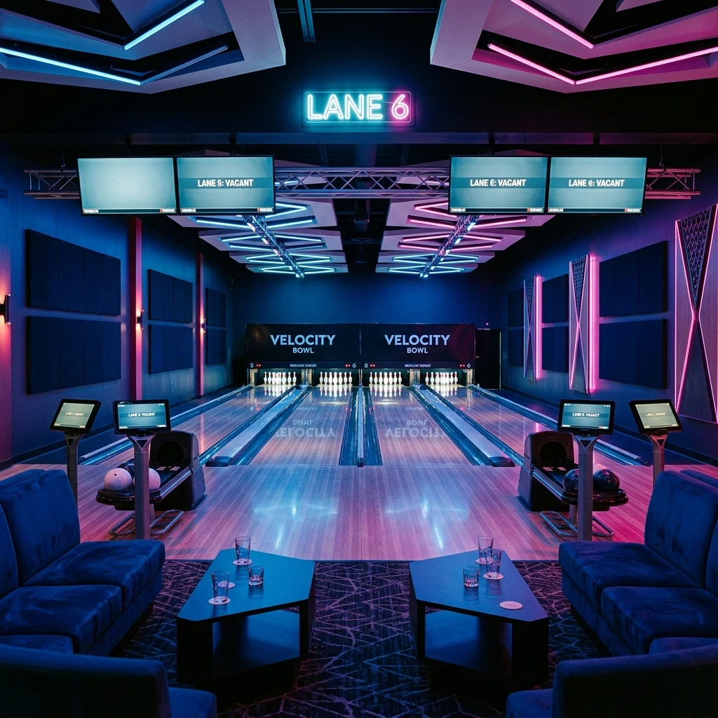Empty bowling lounge with neon lights