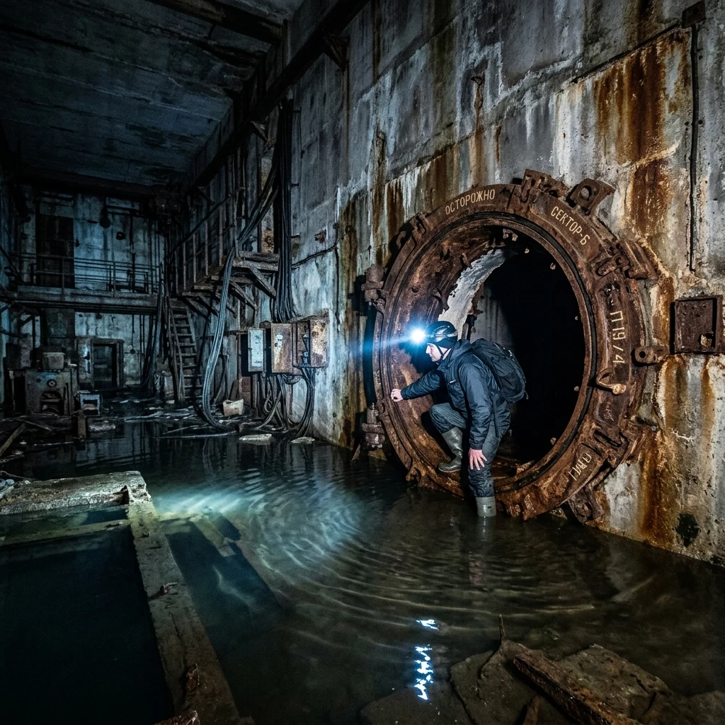 Explorer entering a dark flooded bunker