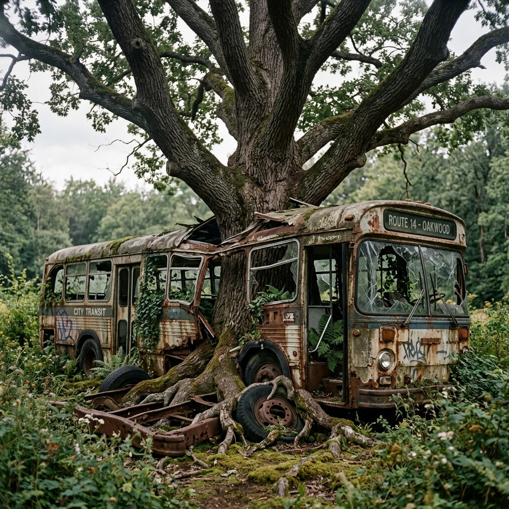 Ancient tree growing through an abandoned bus