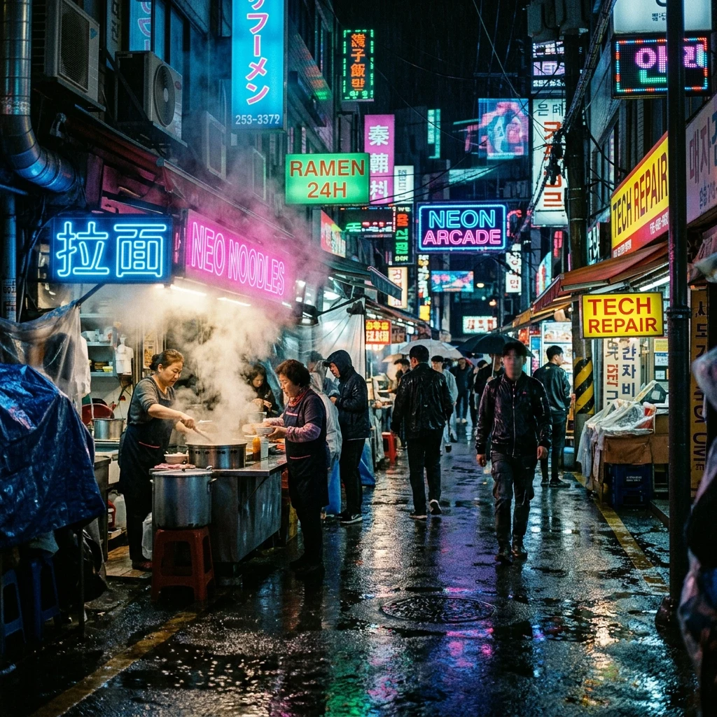 A handheld 35mm night photograph of a rain-slicked cyberpunk night market