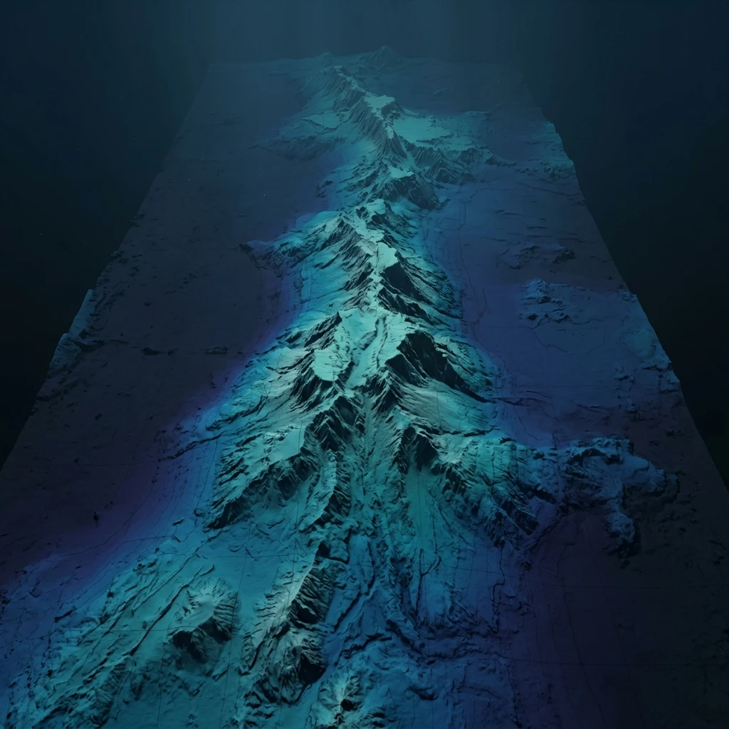 A 3D bathymetric map of the linear Ninety East Ridge running straight as an arrow across…