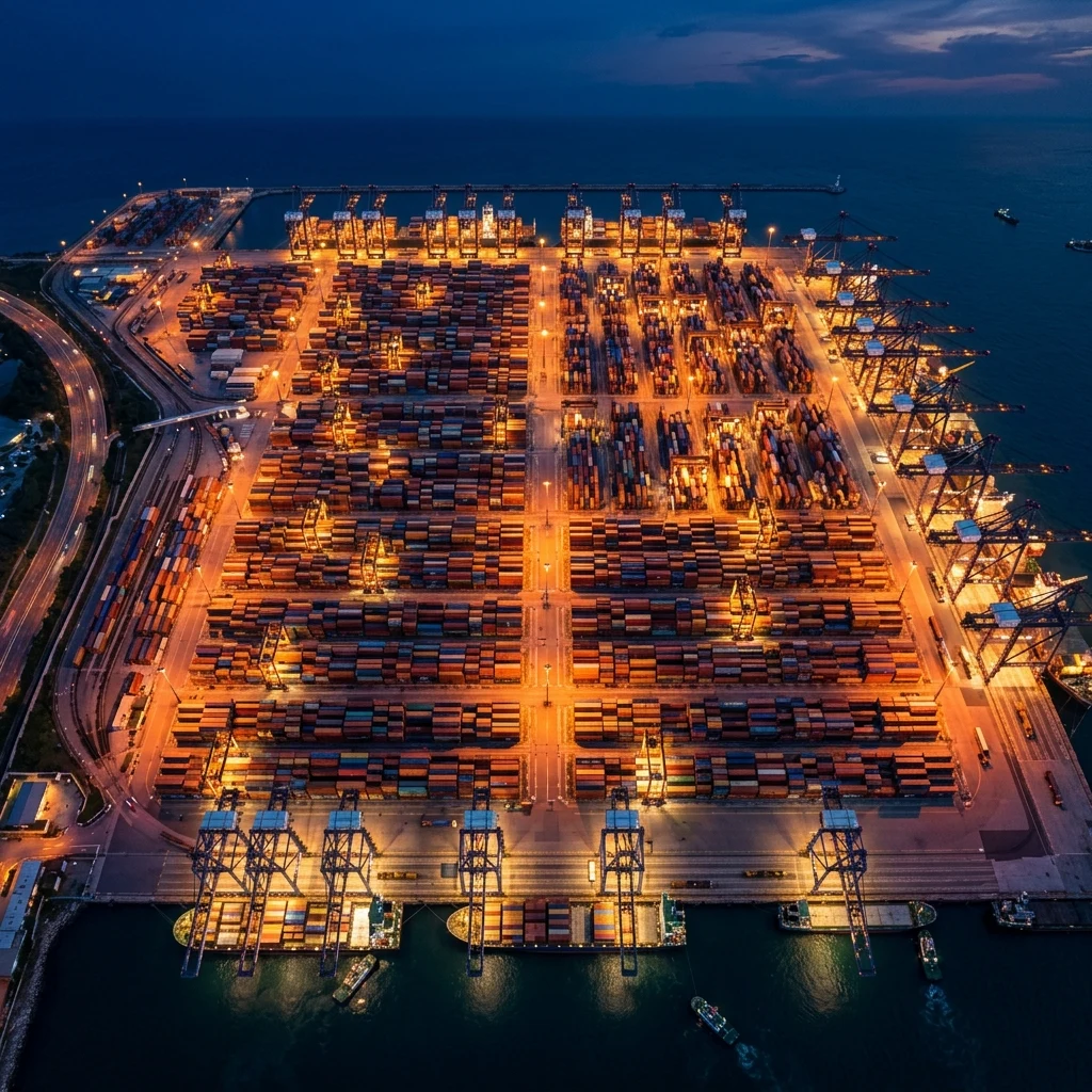 An overhead drone photograph of a container port gantry crane grid at blue hour