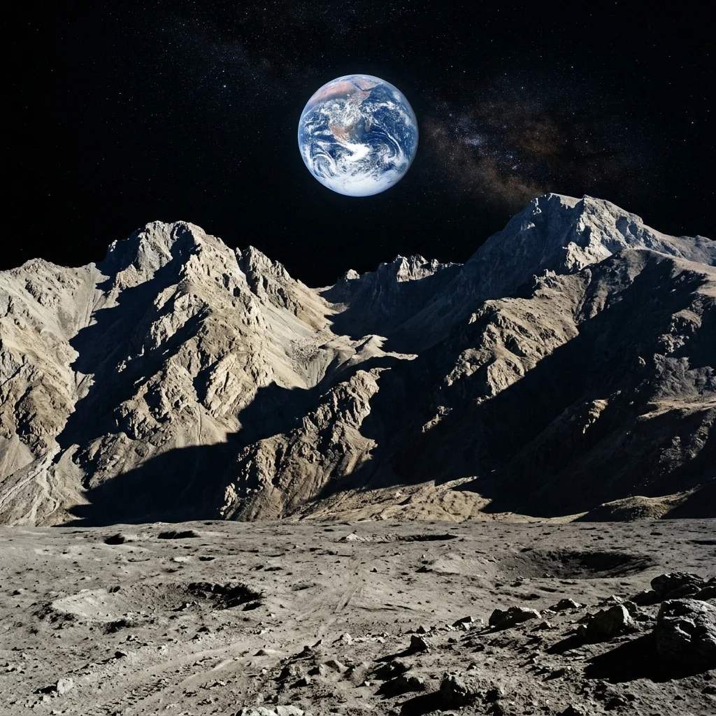 A dramatic low-angle render of the 5,000-meter peaks of Montes Apenninus rising out of…
