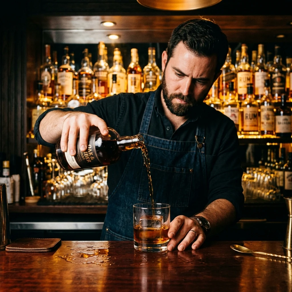 A bartender mid-pour backlit by the bottle shelf