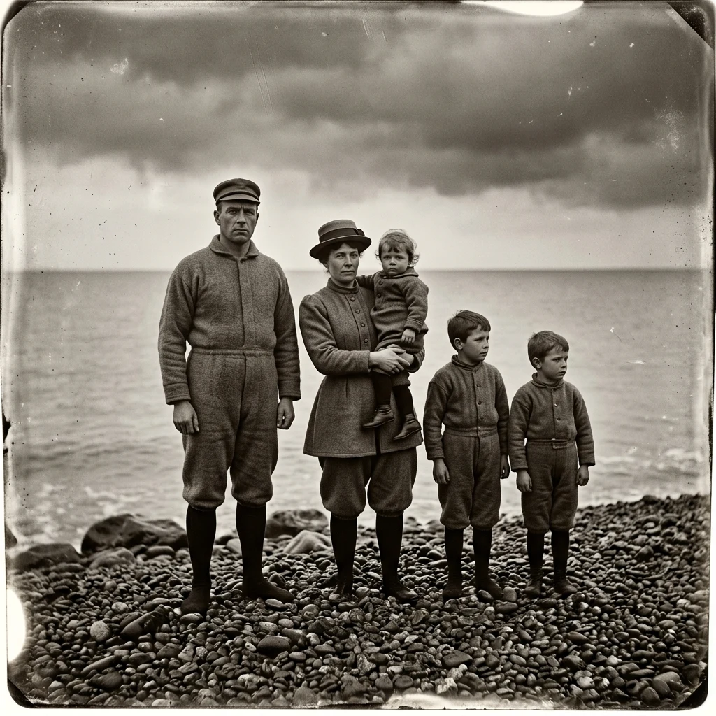A 1900s Victorian-era family on a shingle beach