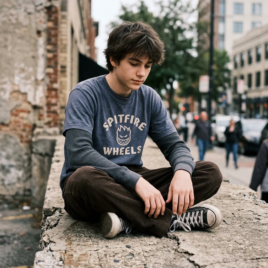 A teenage boy in a thermal long-sleeve layered under a vintage skate-brand tee